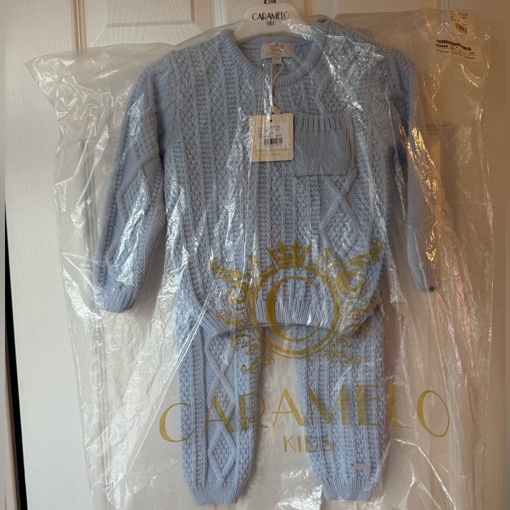Caramelo Kids BOYS BLUE CABLE KNIT TROUSER SET for 2-3 years baby. From England🩵